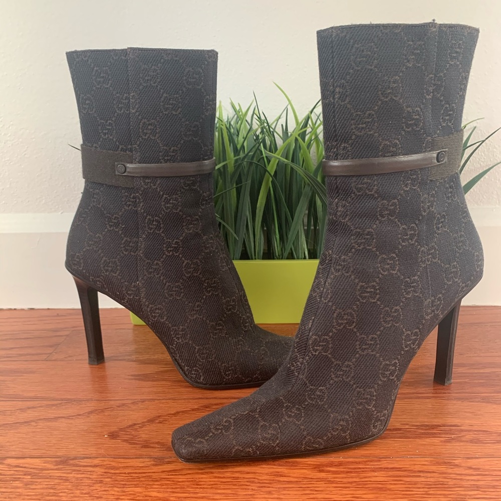 Auth Gucci monogram canvas stiletto ankle boot